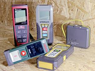 Laserentfernungsmesser, teils mit Bluetooth-Anbindung (Stabila VMO 30, Stanley TLM99si) oder wie der Ryobi Phoneworks, der die Messergebnisse direkt auf dem Smartphone anzeigt