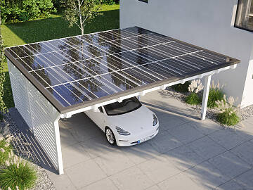 Ein Solarcarport mit 15 m² Modulfläche kann Strom für umgerechnet 17.500 km Fahrleistung im Jahr liefern.