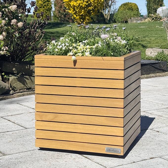 Pflanzgefäße für Balkon und Garten Hergestellt aus massivem Eukalyptusholz präsentiert sich der „PALO Natural Wood 35 low“ von Lechuza in hochwertigem Design.