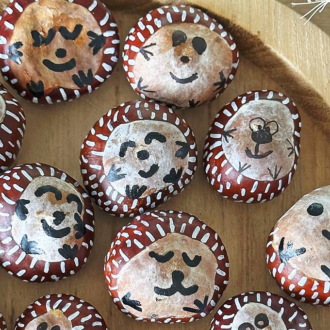 Mit ein paar Strichen für Stacheln, Augen, Mund, Nase und Füße werden aus Kastanien niedliche kleine Igel.