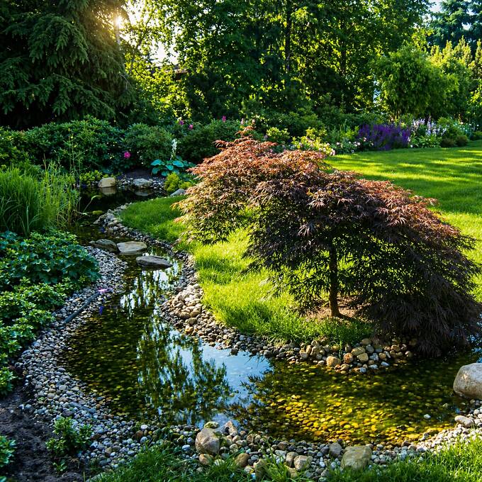 Ein geschwungener flacher Bachlauf.